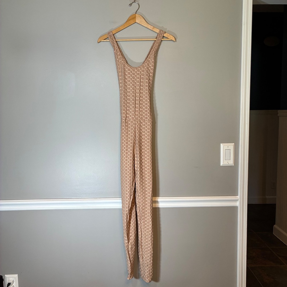 Love J Tan Honeycomb Textured Open Back Sleeveless Jumpsuit JP4471 Large